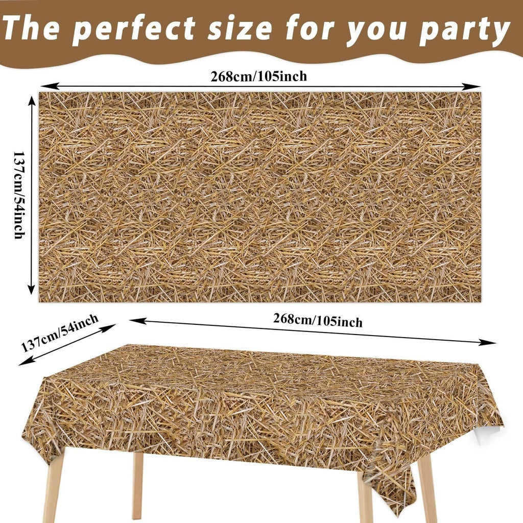 Brown straw table cover, flat sheet with corner drop; size diagram shows 105 x 54 in