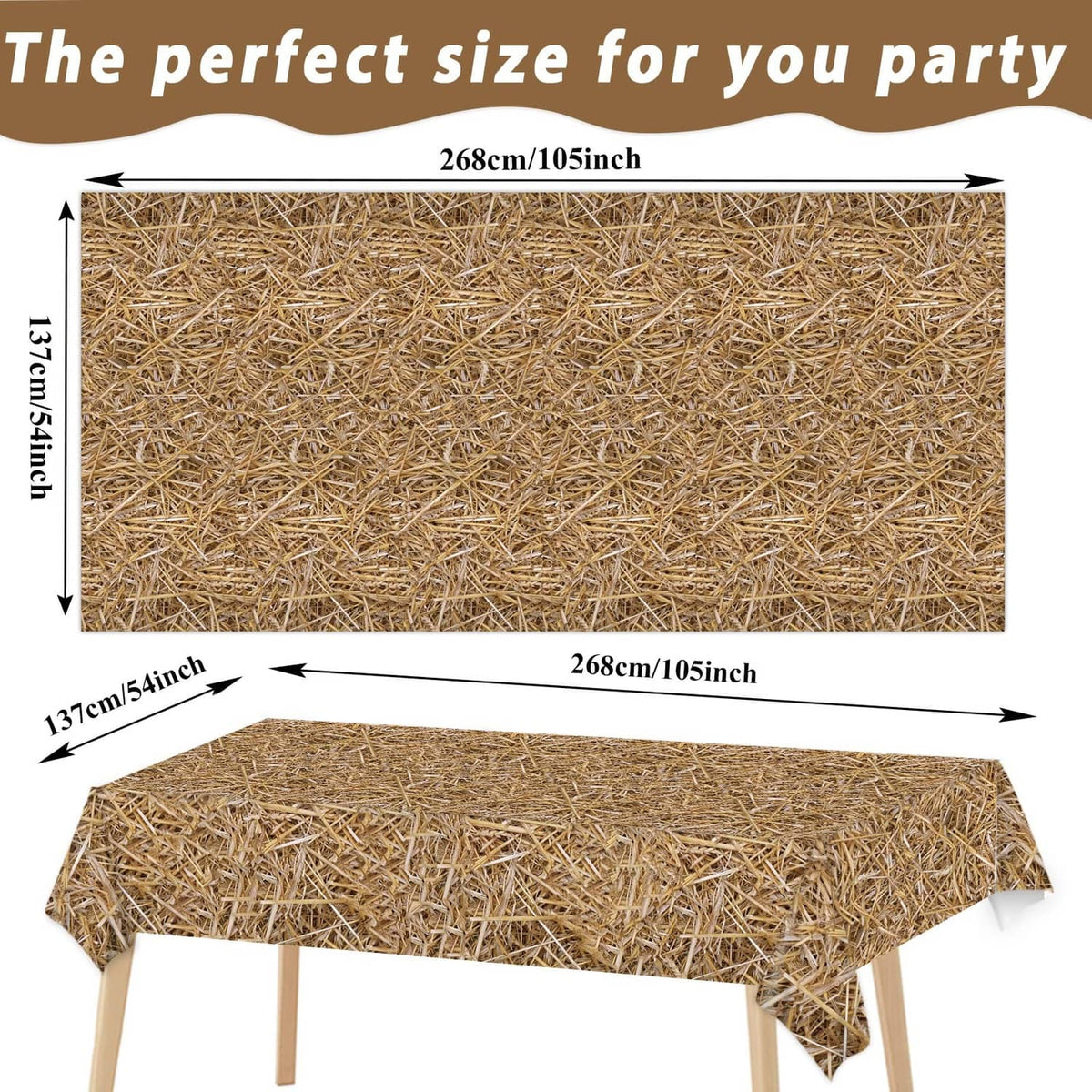 Brown straw table cover, flat sheet with corner drop; size diagram shows 105 x 54 in
