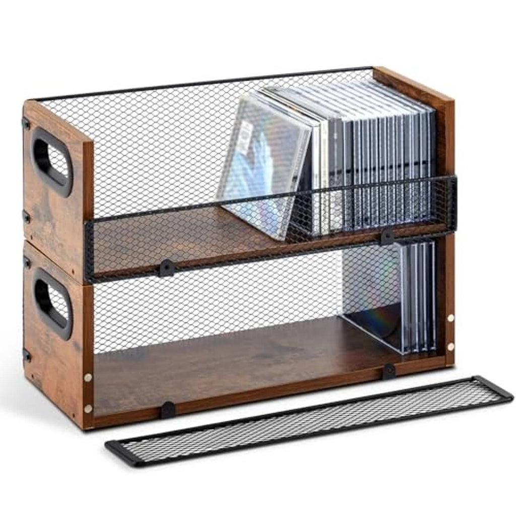 Wooden CD storage rack, front flap open, metal mesh panels and wooden base