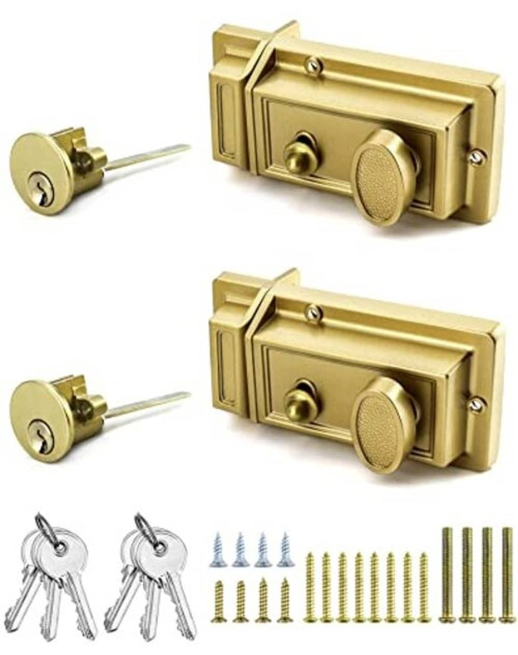Gold antique rim deadbolt locks with keys and mounting screws, 2-pack set