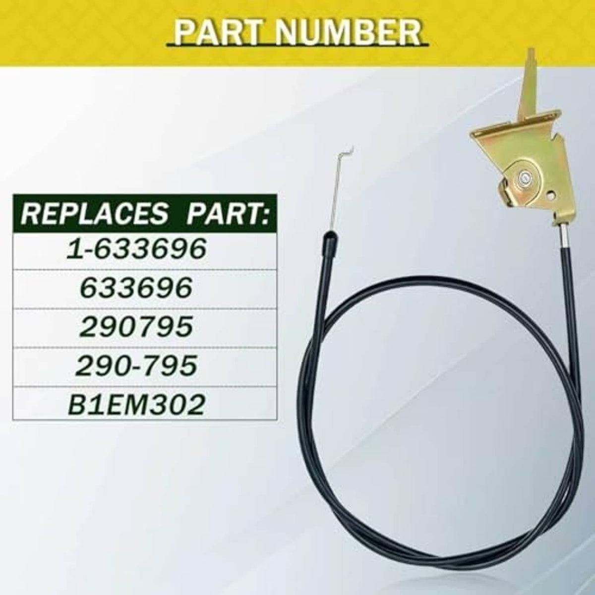 Replacement throttle control cable with green actuator bracket and black cable