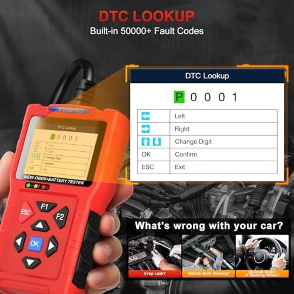 Handheld OBD2 scanner showing DTC lookup menu and fault code digits, with keypad