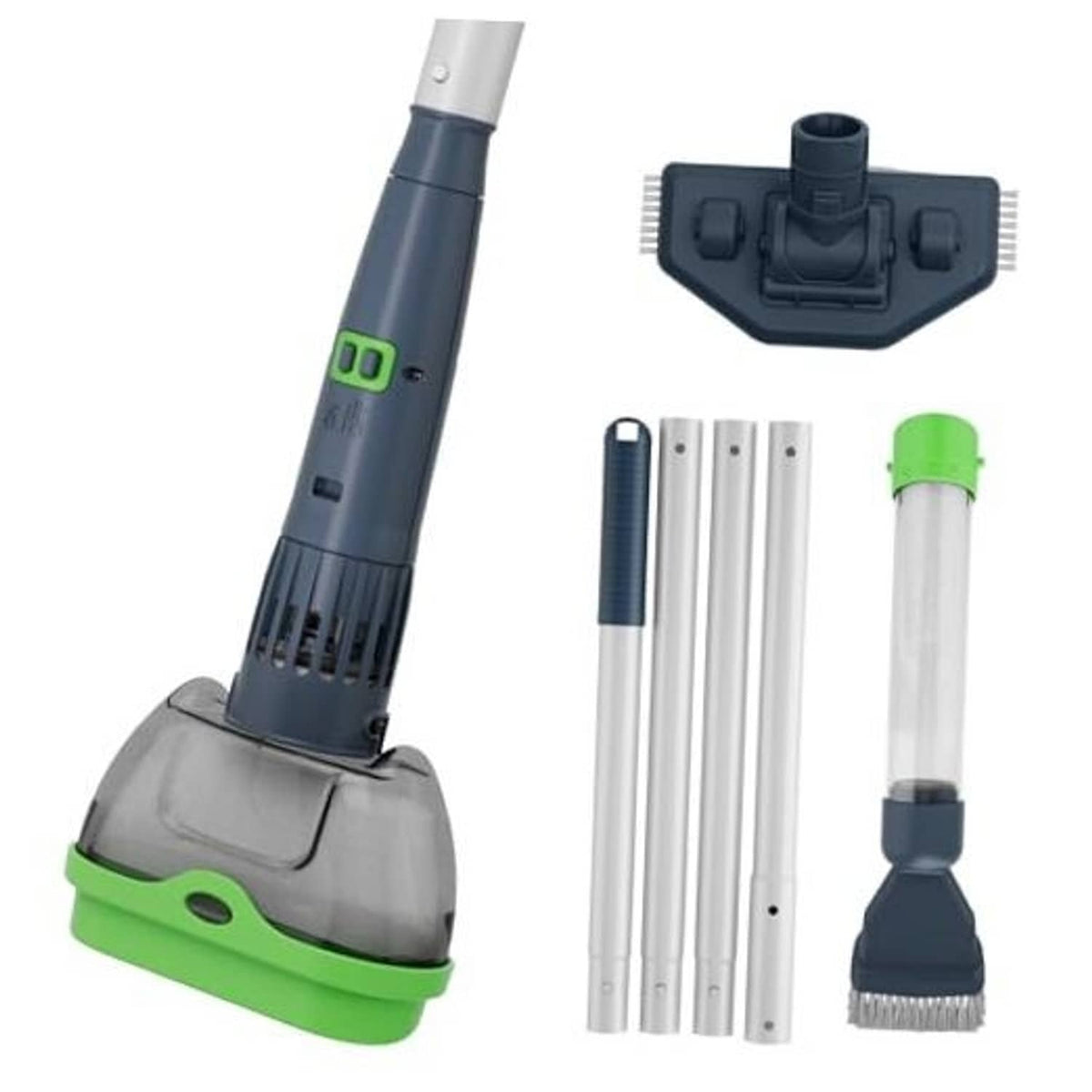 Rechargeable pool vacuum with grey handle, green base, and white tube attachments