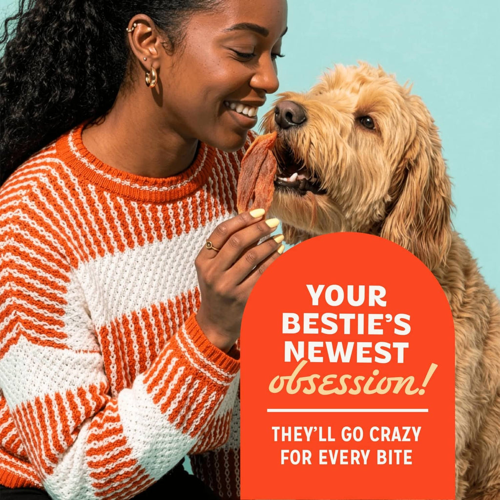 Chicken jerky dog treats with woman feeding dog, 'your bestie's newest obsession' text
