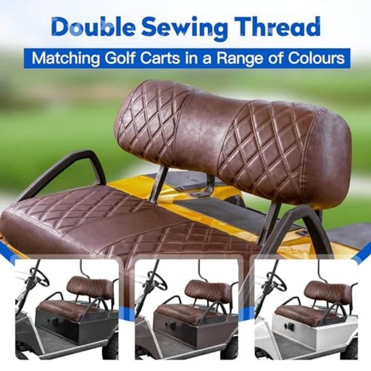 Brown diamond-quilted backrest and seat cushion covers with double-sewn stitching.