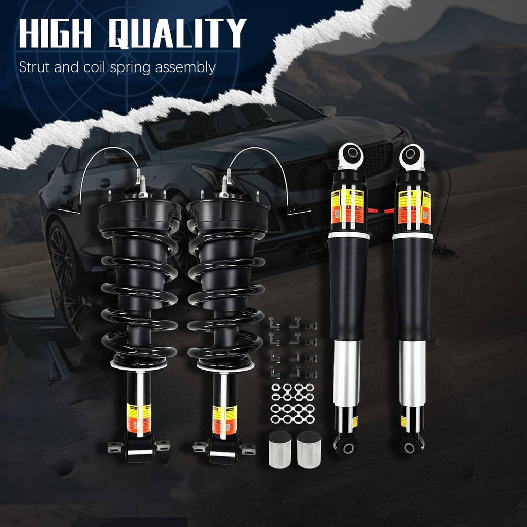 Front and rear shock struts with black coil springs, mounting brackets, and hardware kit