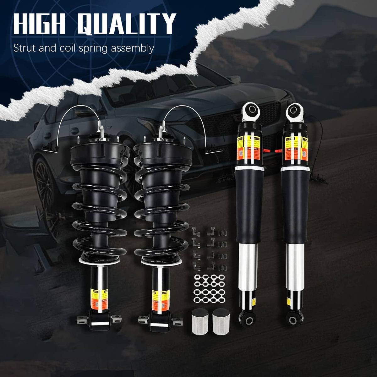 Front and rear shock struts with black coil springs, mounting brackets, and hardware kit