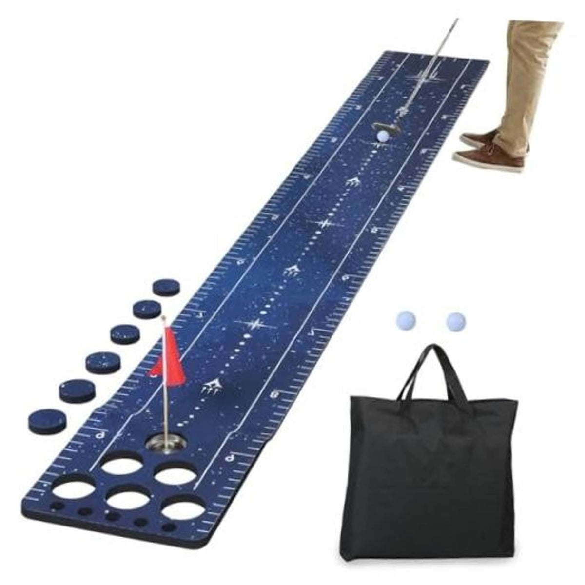 Indoor golf putting mat set with blue track, holes, flag, and storage bag