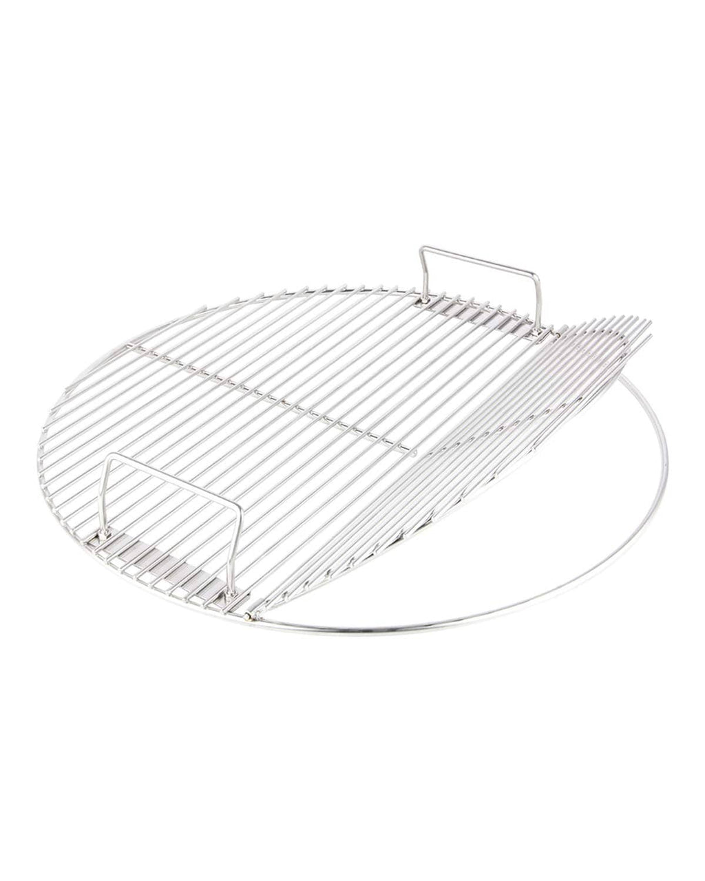 Stainless steel hinged cooking grate with wire grid and folded support handles