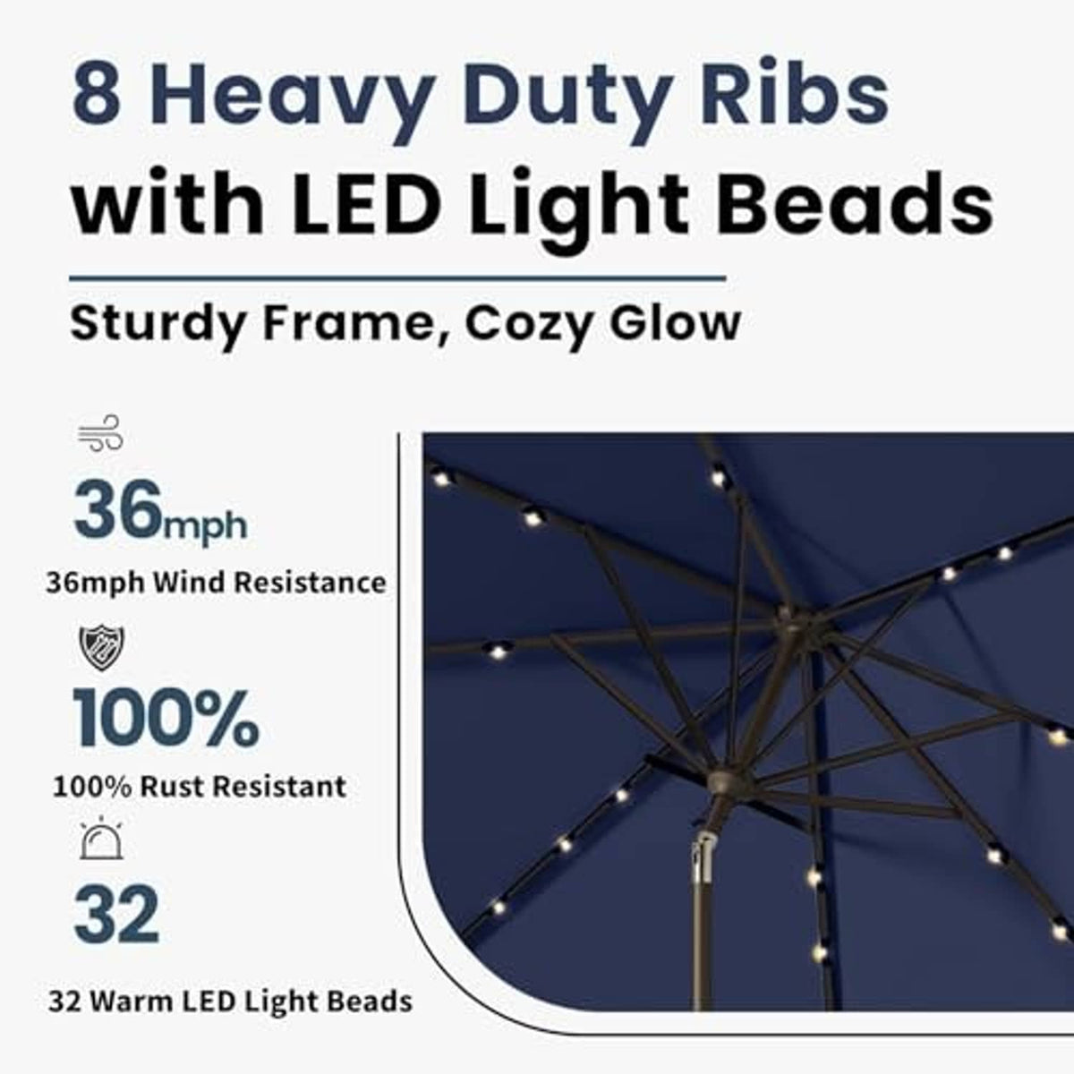 Navy canopy with warm LED light beads around ribs on a solar patio umbrella