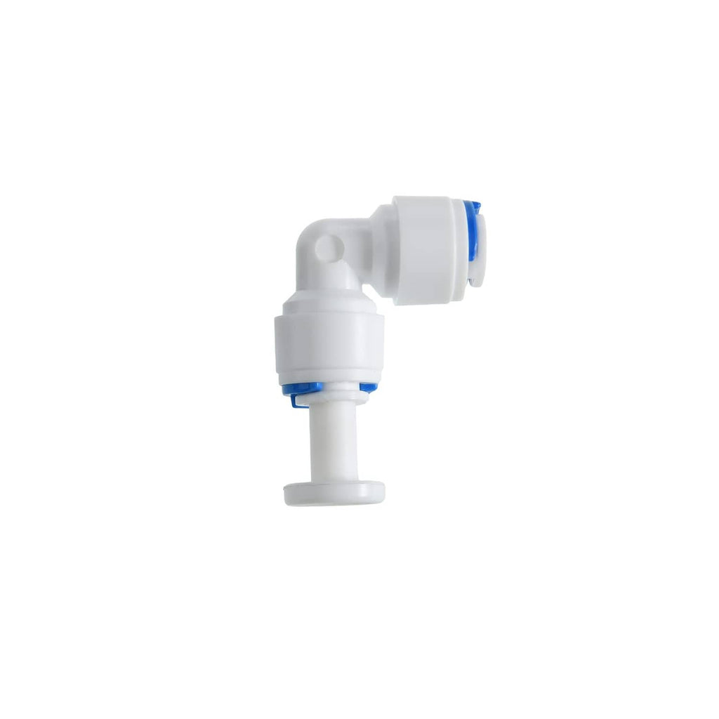 White 1/4-inch push-in water tube quick-connect elbow fitting with blue clip