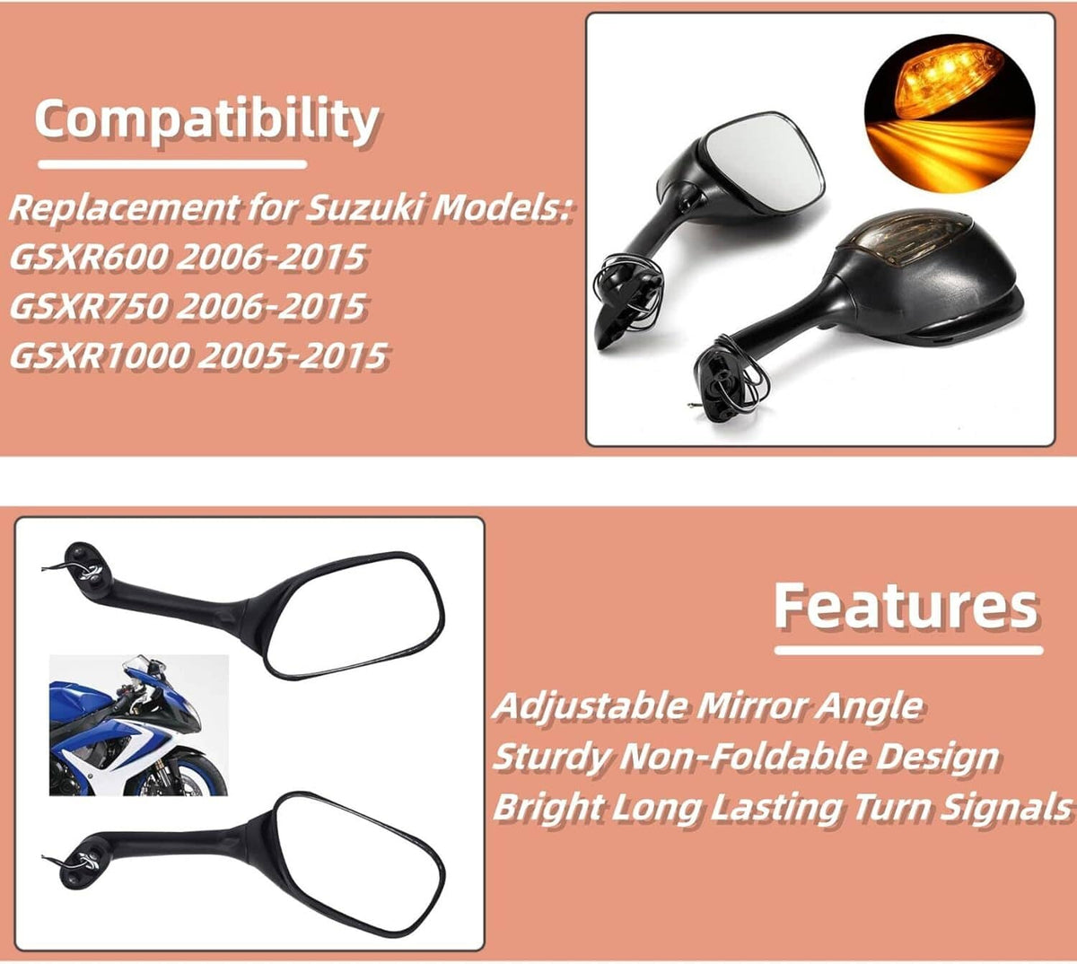 Black motorcycle rearview mirrors with integrated amber turn-signal lights