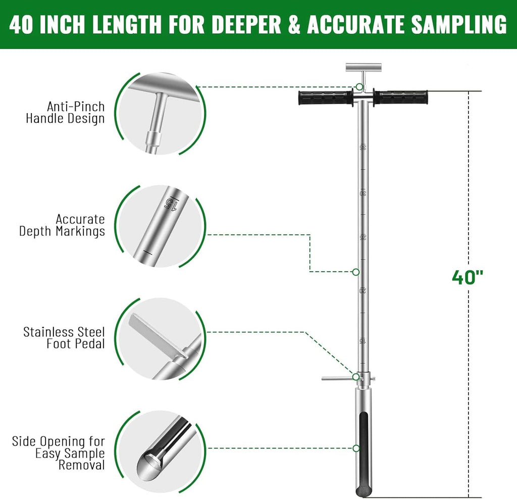 40-inch soil sampler probe diagram with anti-pinch handle and depth markings