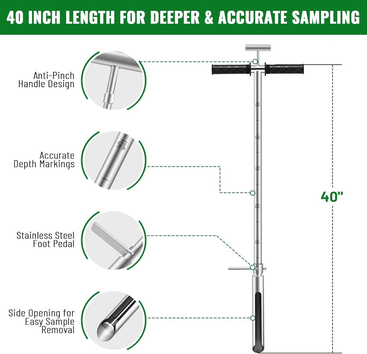 40-inch soil sampler probe diagram with anti-pinch handle and depth markings