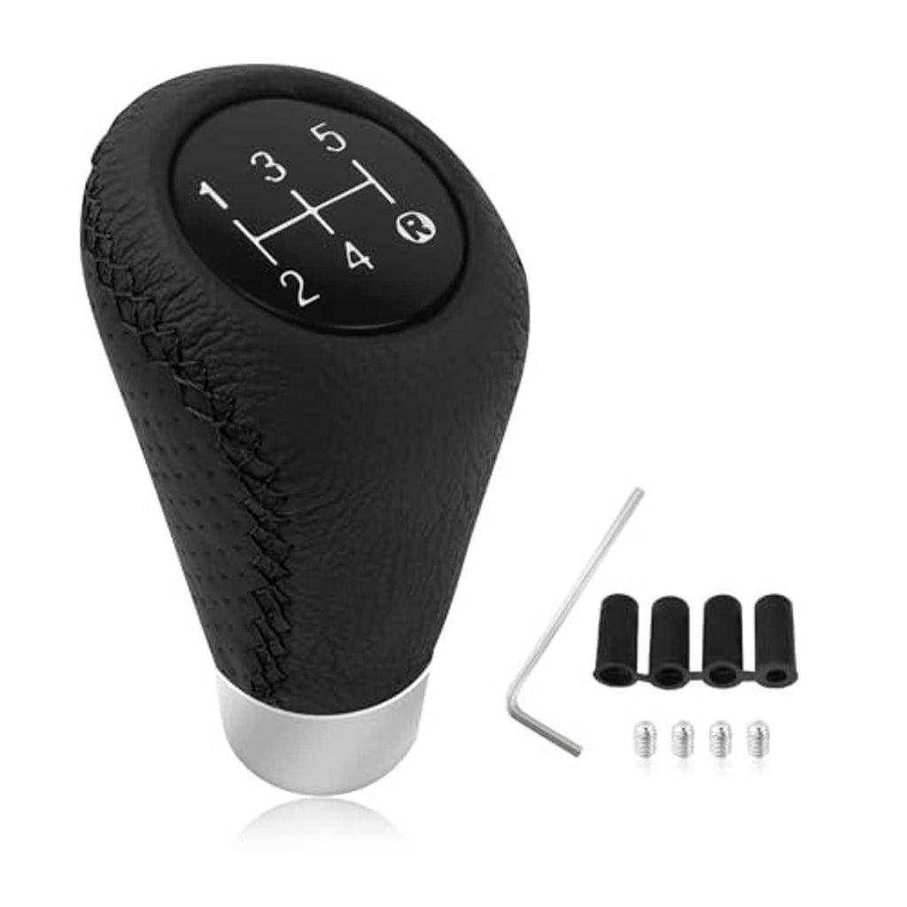 Black leather 5-speed gear shift knob with numbered dial, silver base, included adapter parts