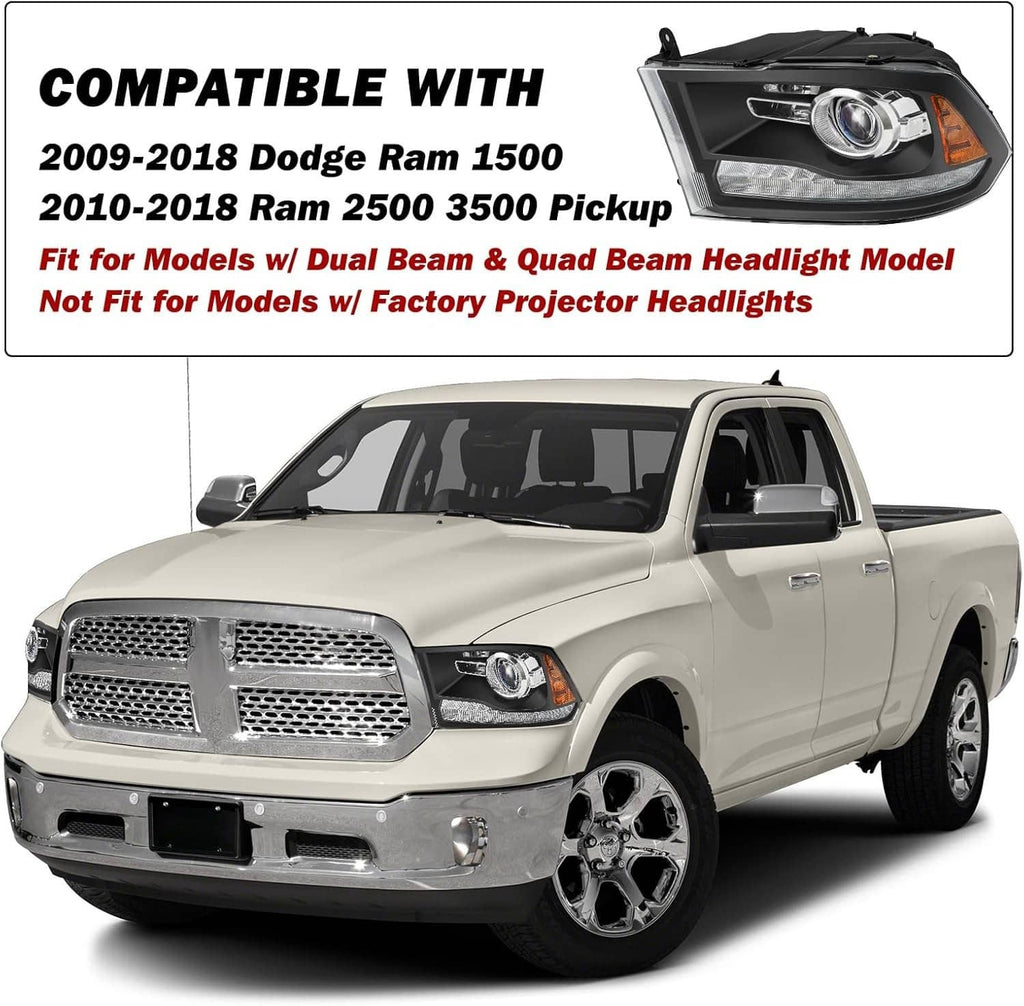 Black projector headlight assembly with chrome projector lens and amber side marker