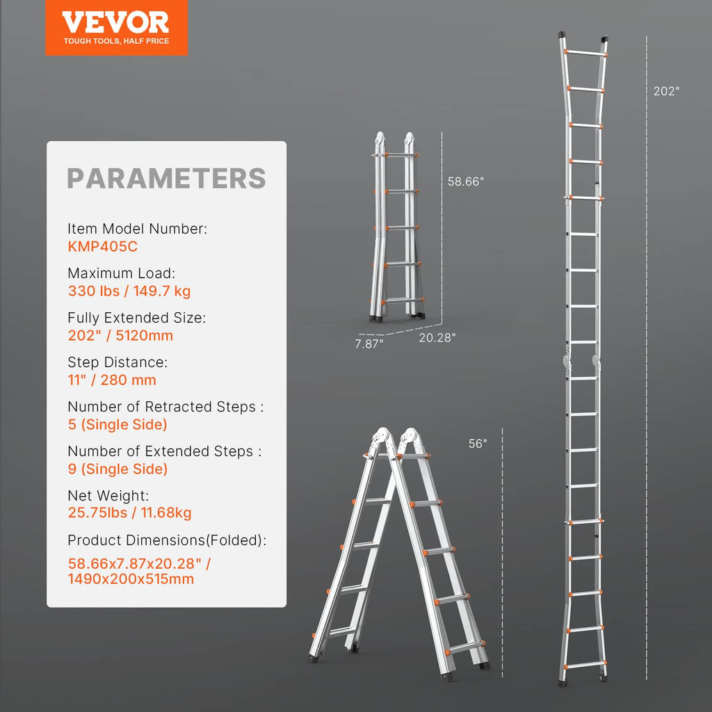 Gray telescoping A-frame ladder with orange rung accents, fully extended height view