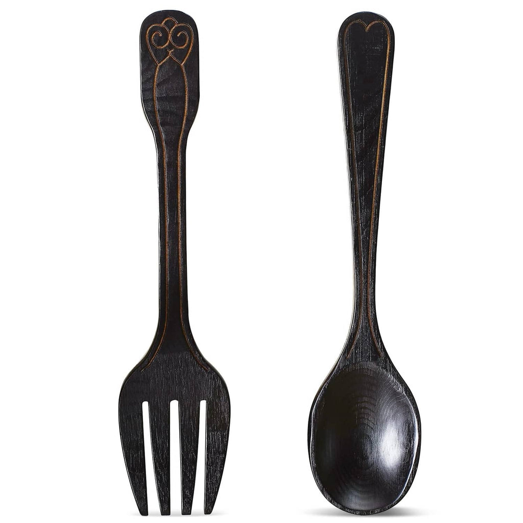 Rustic fork and spoon wall decoration, dark metal finish with embossed handle detail
