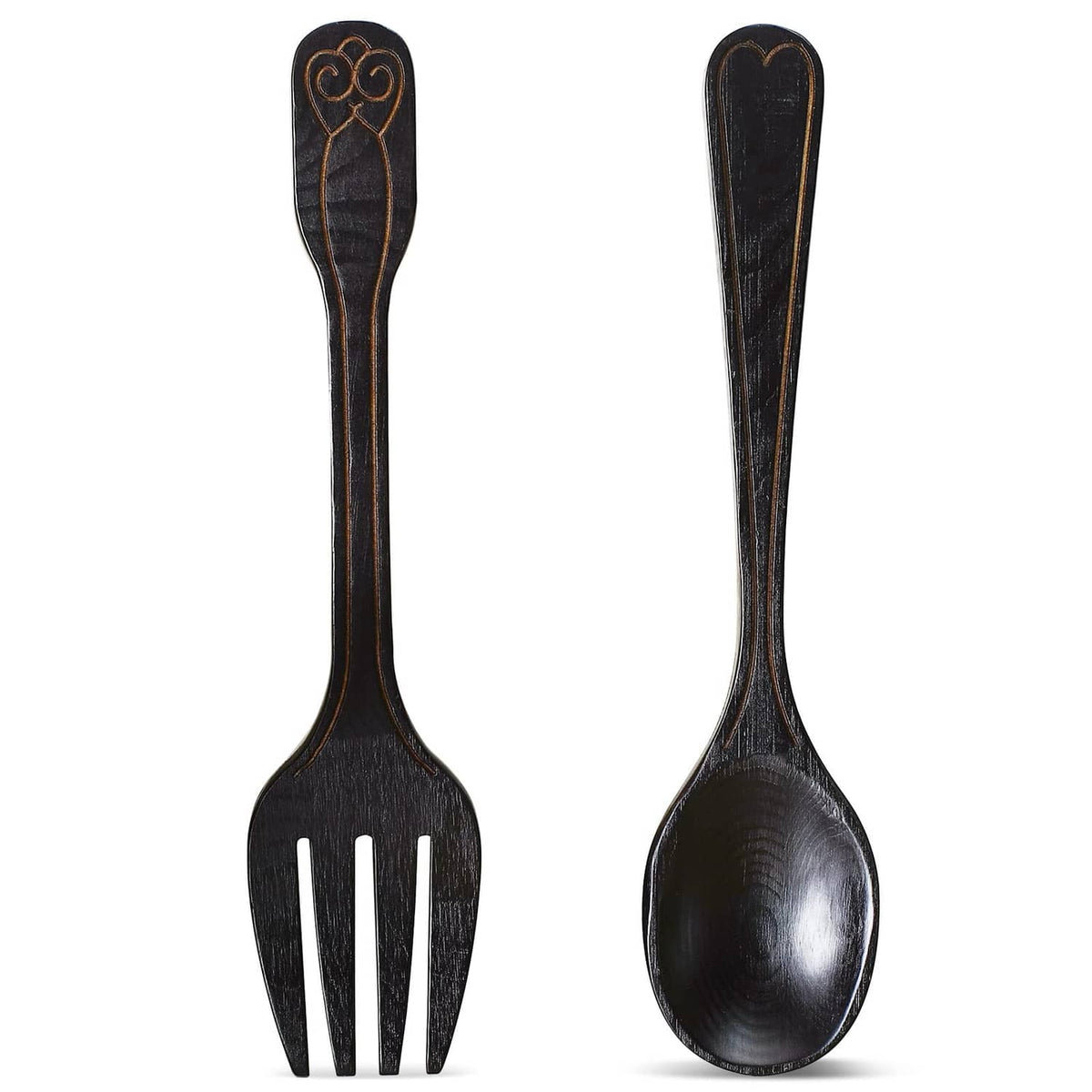 Rustic fork and spoon wall decoration, dark metal finish with embossed handle detail