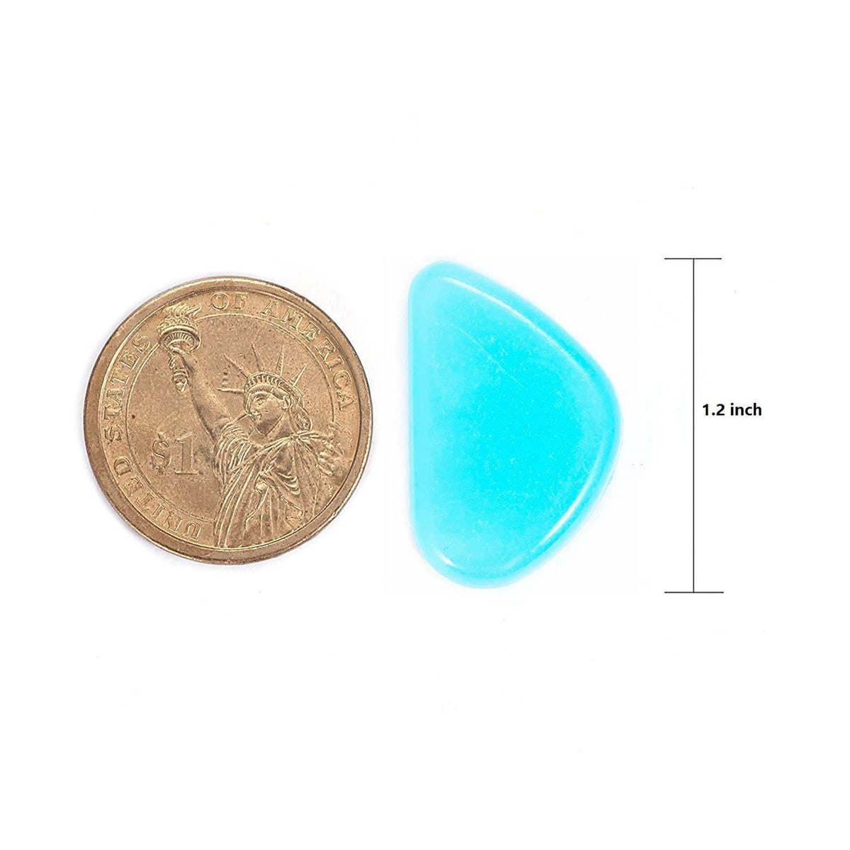 Blue glow pebble with a coin for size, smooth teardrop-shaped stone