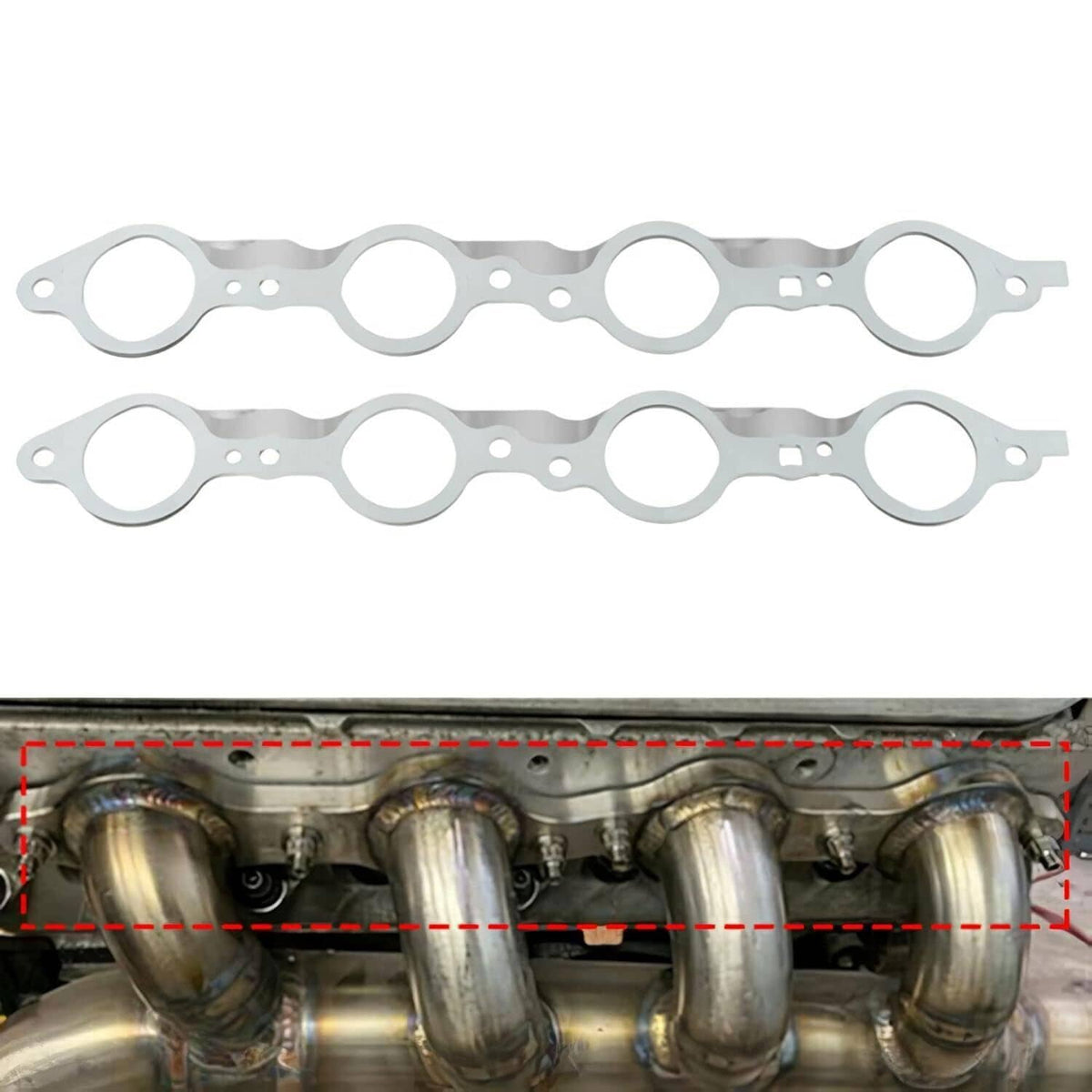 Exhaust manifold header gasket set shown above an engine with intake/exhaust runners