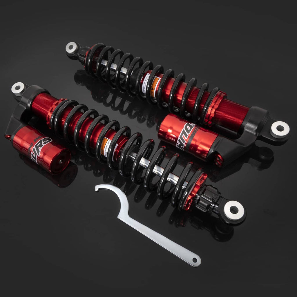 Red and black adjustable rear air shock absorbers with coil springs and silver mounting tool