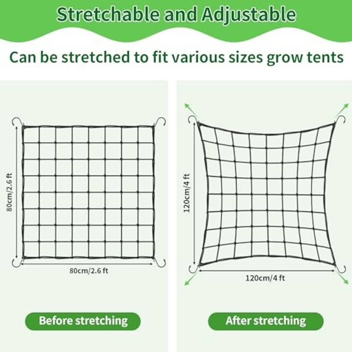 4x4 scrog trellis netting with grid squares and four corner hooks, shown stretched