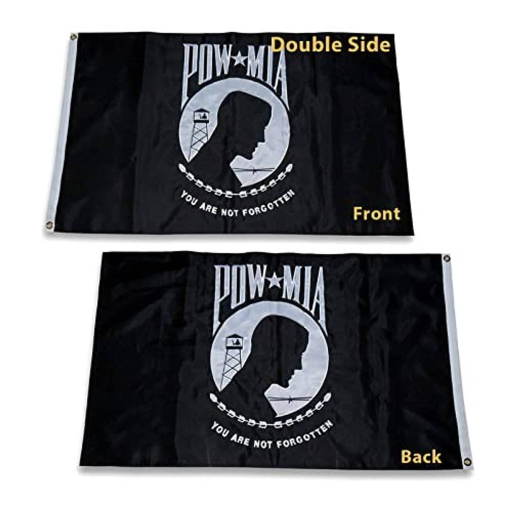 Black double-sided outdoor flag showing POW*MIA emblem with “You are not forgotten”