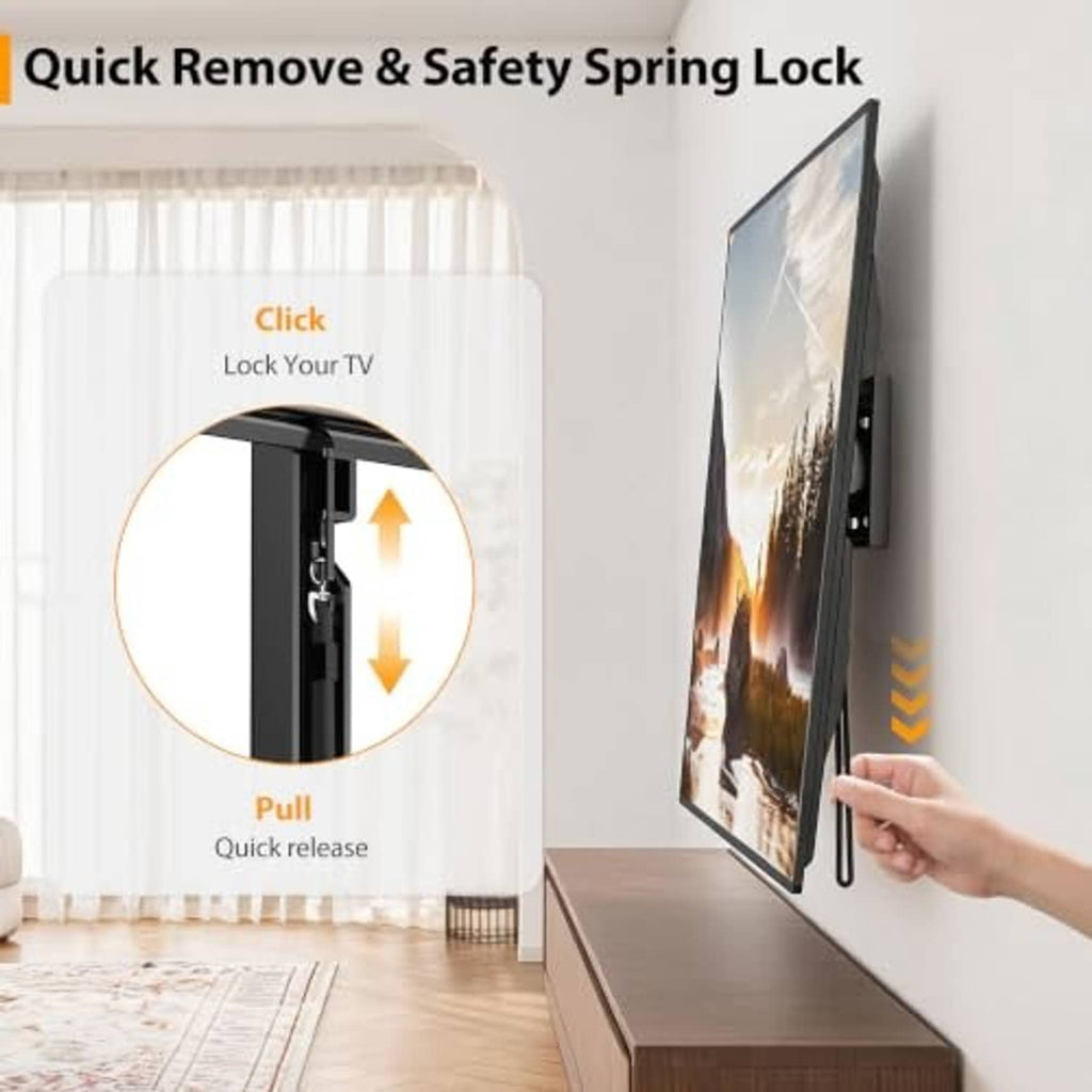 Black TV wall mount with quick remove and spring lock latch mechanism
