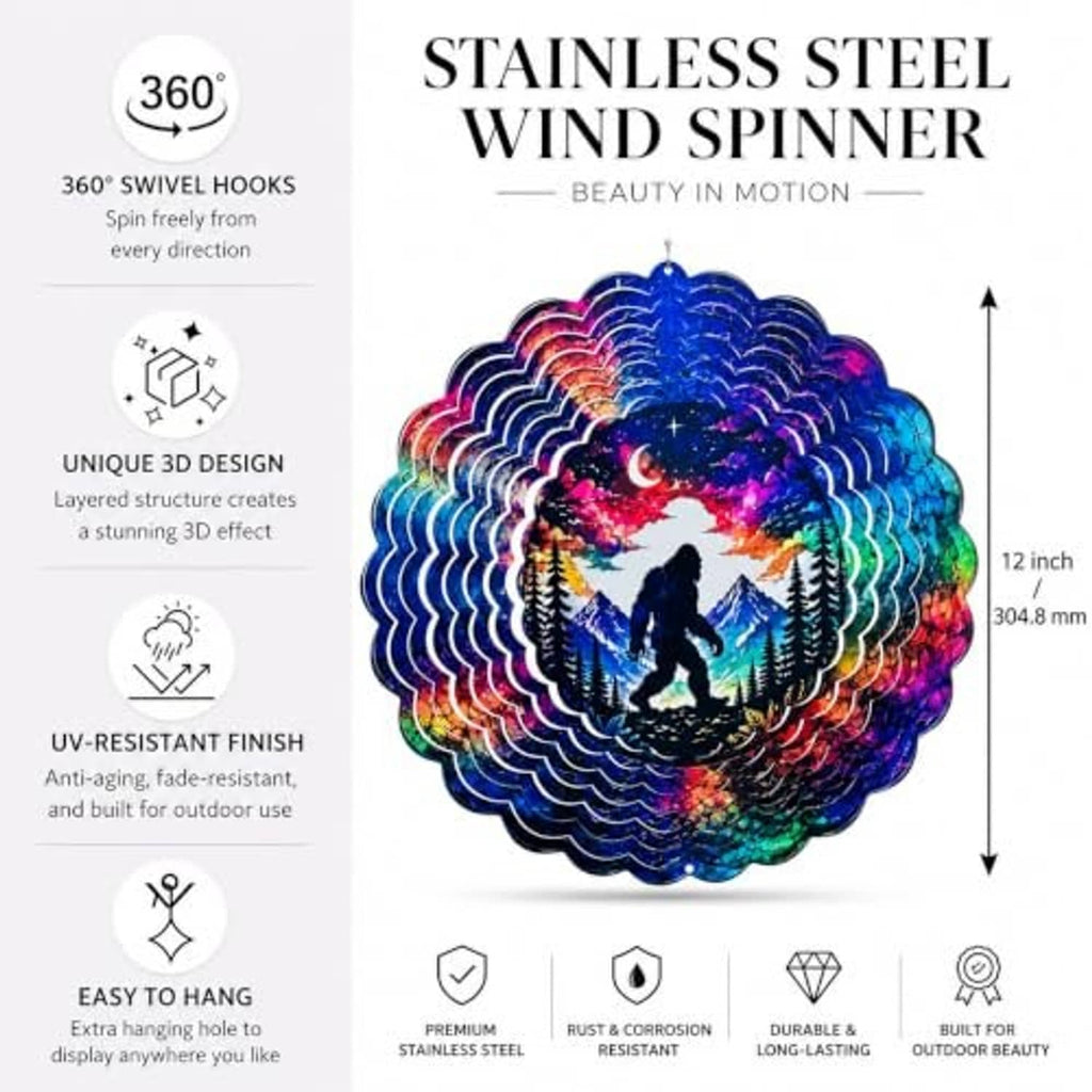 Product info graphic featuring the Bigfoot wind spinner design with hanging hook