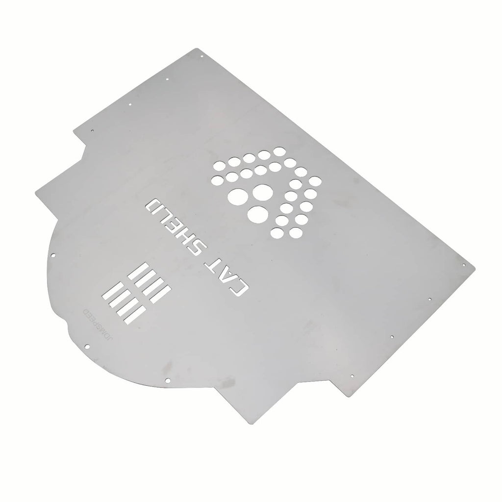Catalytic converter cat shield with perforated emblem, CAT SHELLI text, and bolt holes
