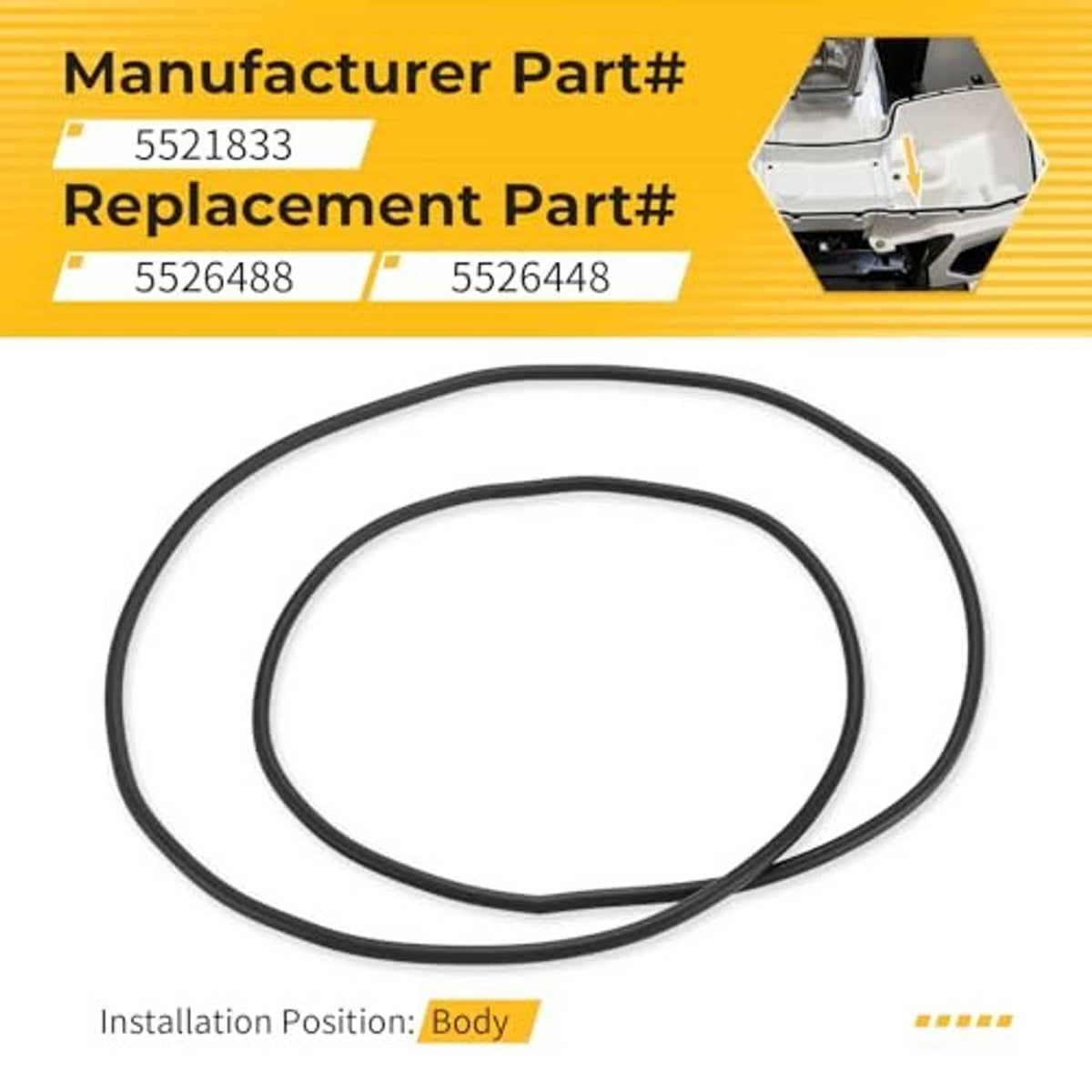 Black rubber gasket seal for front storage rack, two connected loops.