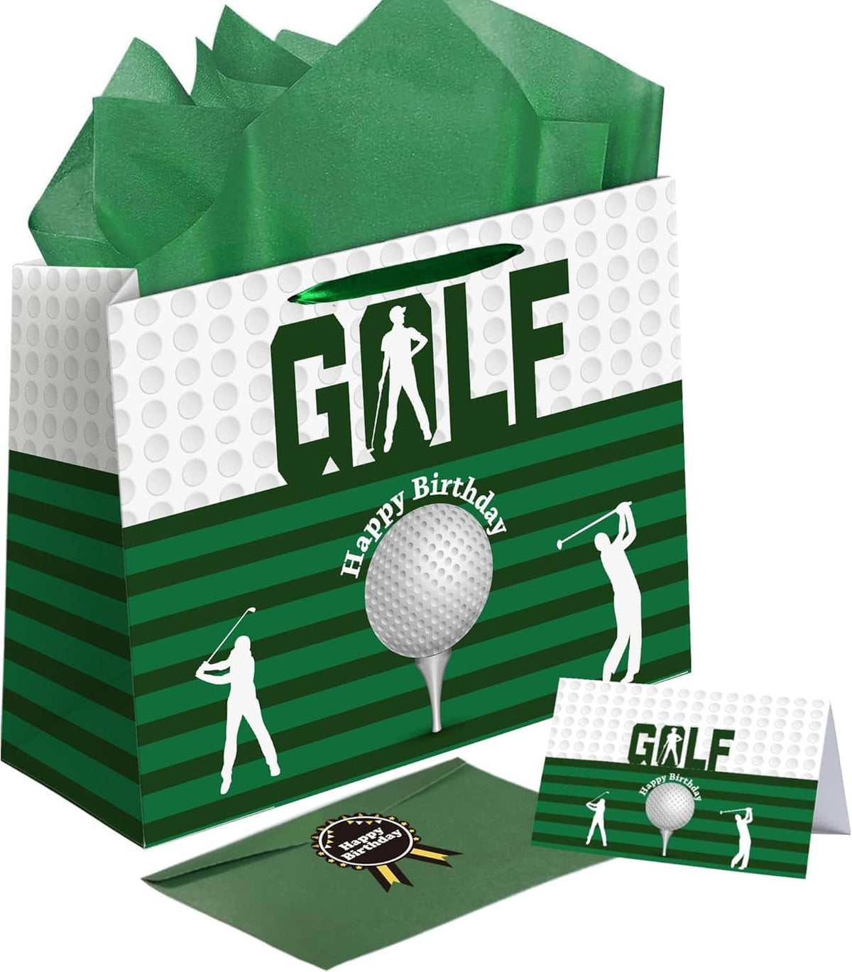 Golf birthday gift bag with green striped design, golfer silhouettes, balloon, and tissue