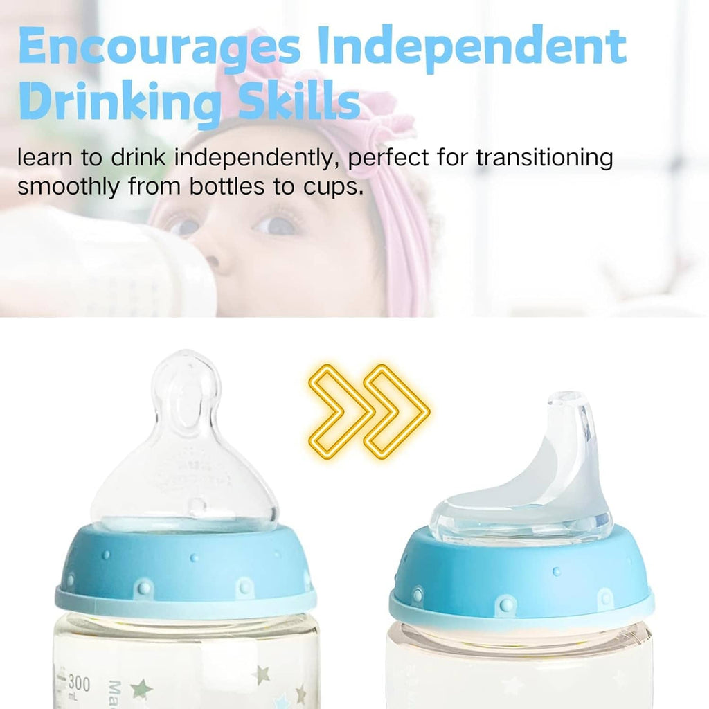 Silicone replacement spout fitted on toddler bottle with blue collar