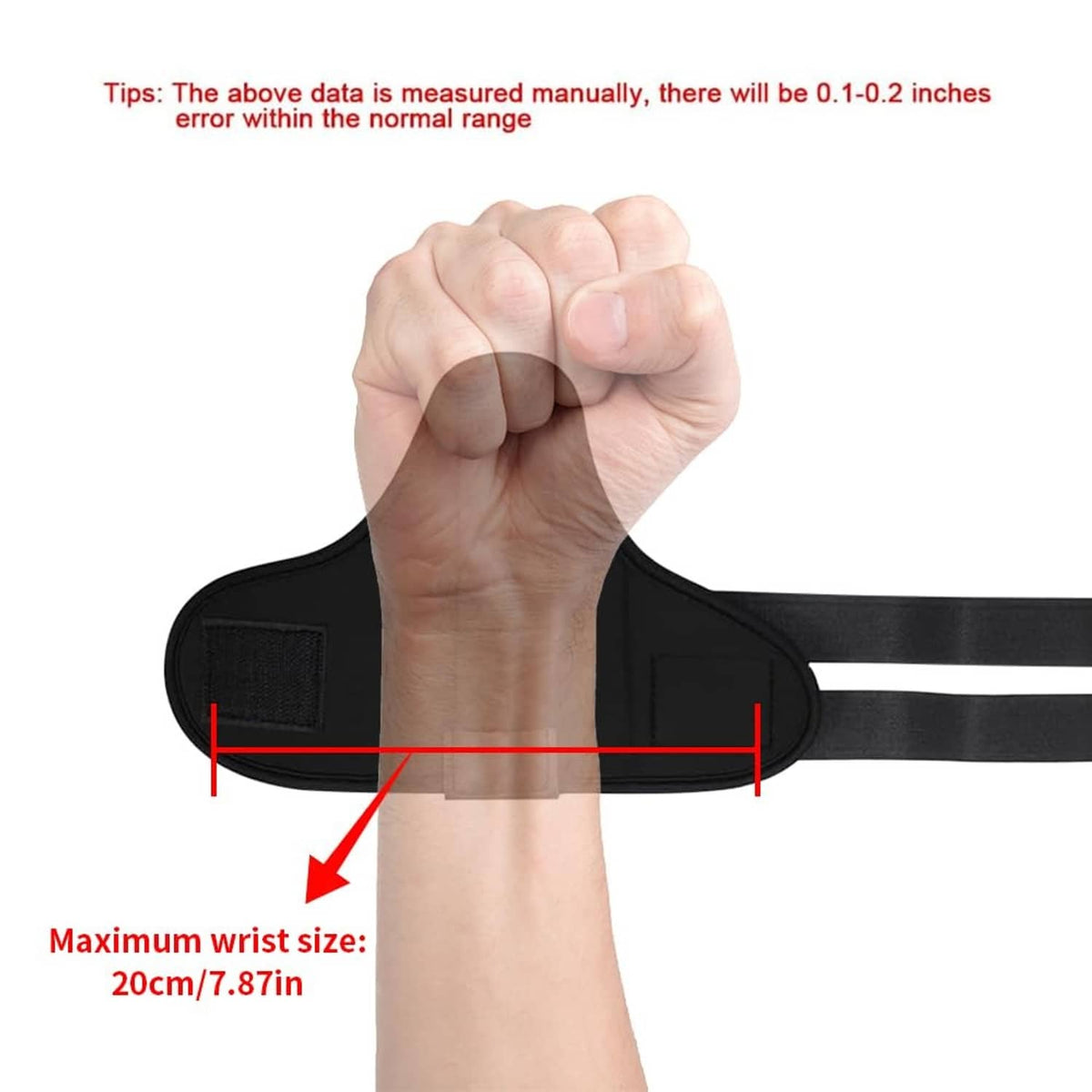 Black wrist brace on clenched fist with strap width measurement marks