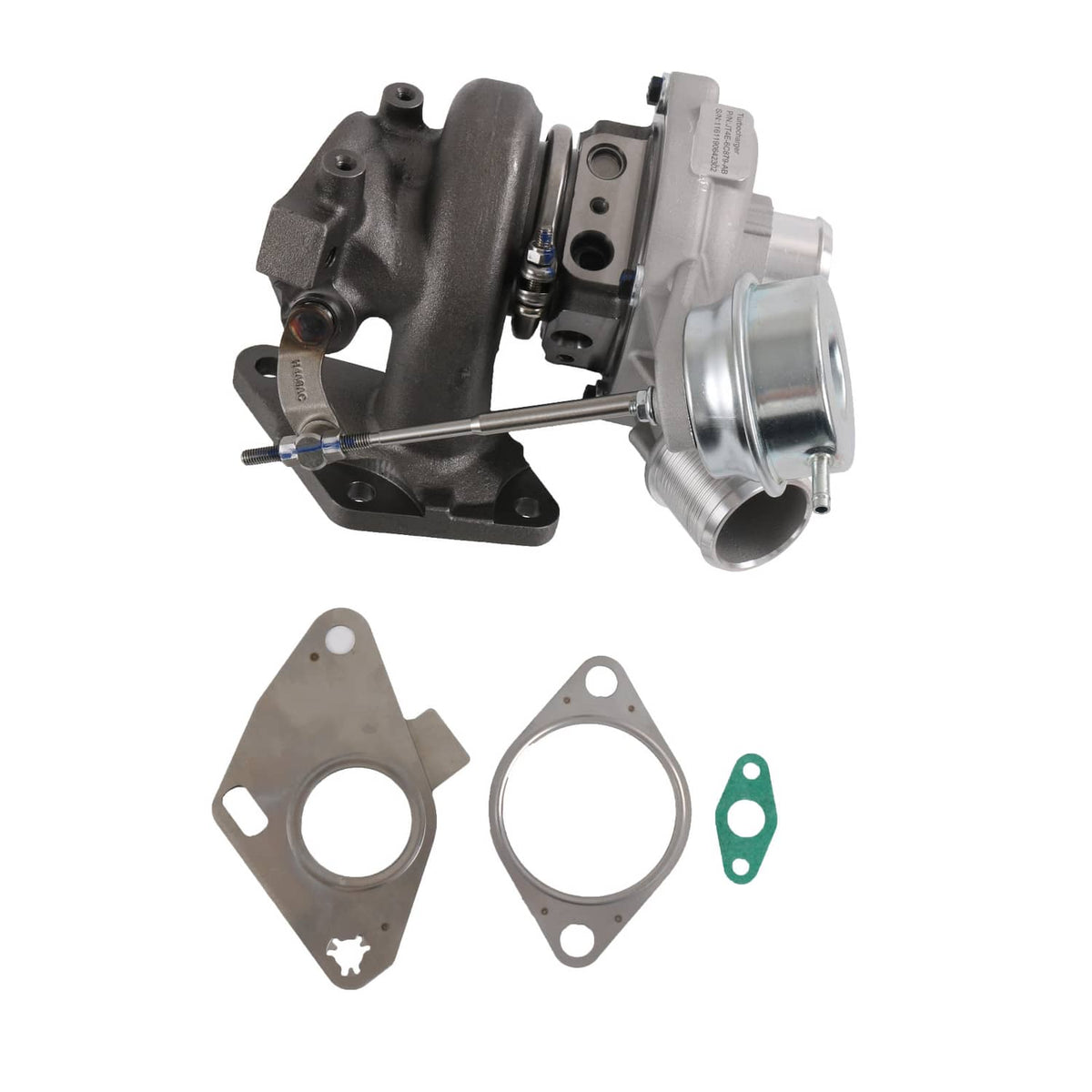 Left turbocharger with black exhaust housing and silver compressor inlet