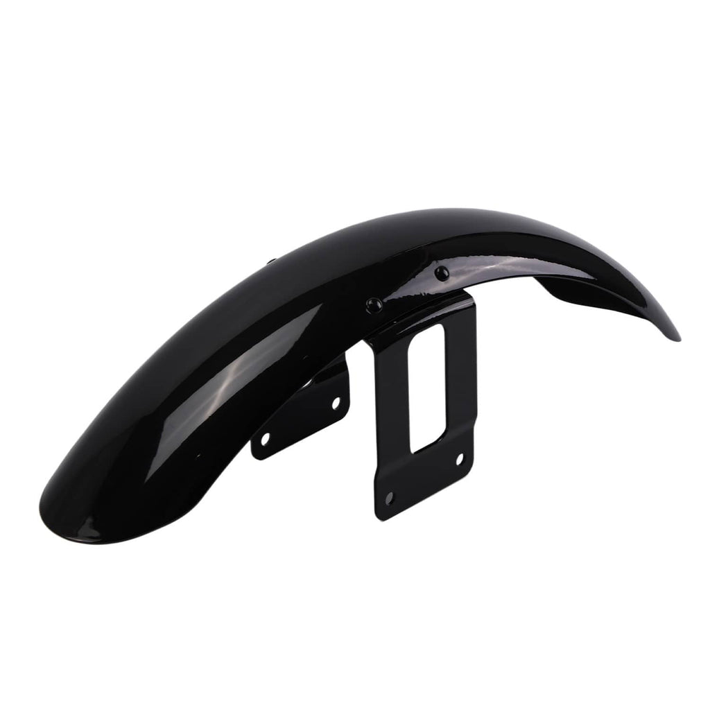 Black front fender with mounting bracket and bolt points, close angled view
