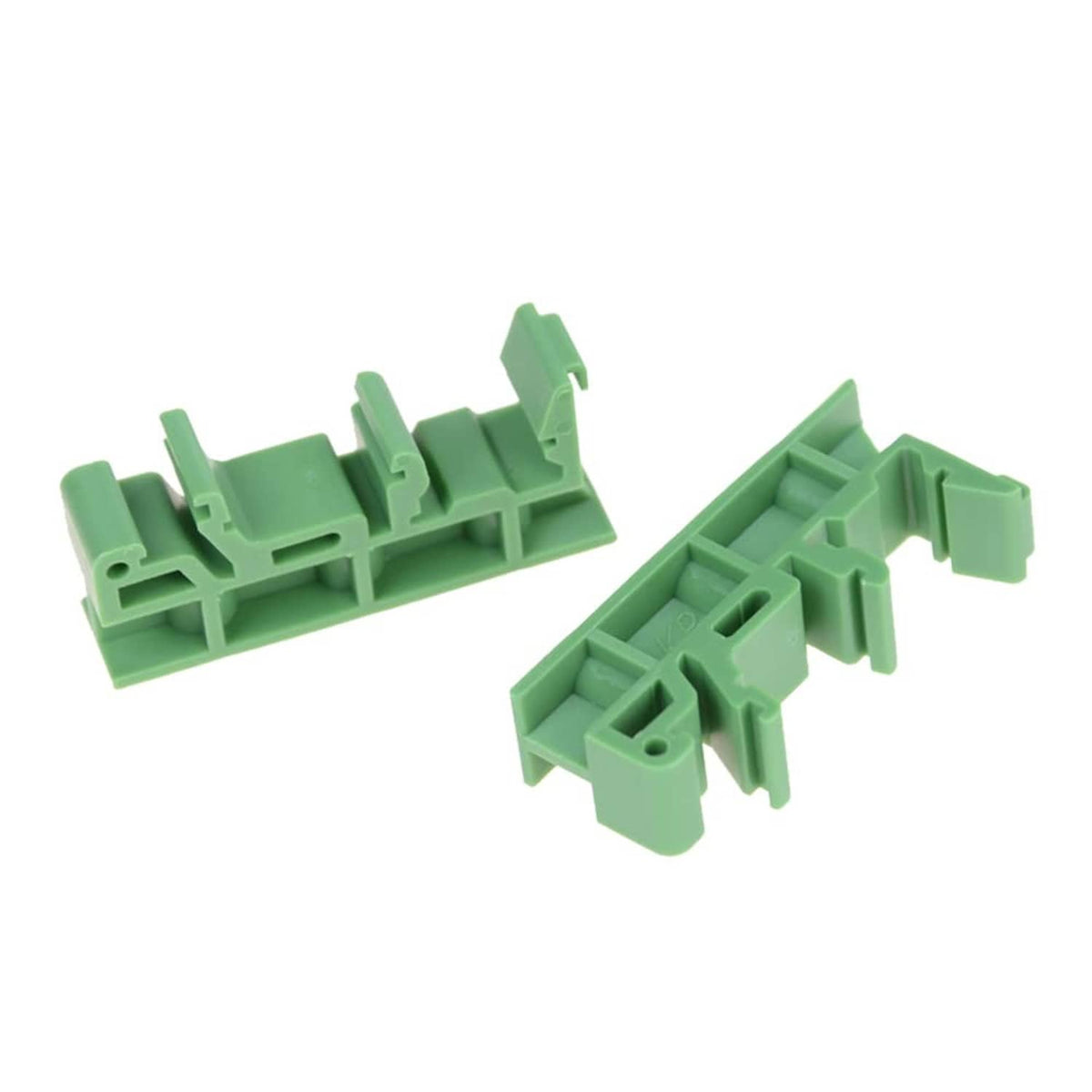 Green C45 DIN rail PCB mounting brackets, two-piece view