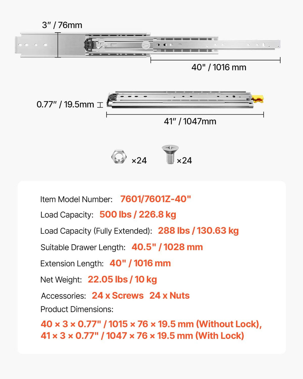 40 in drawer slide size diagram with included screws and nuts