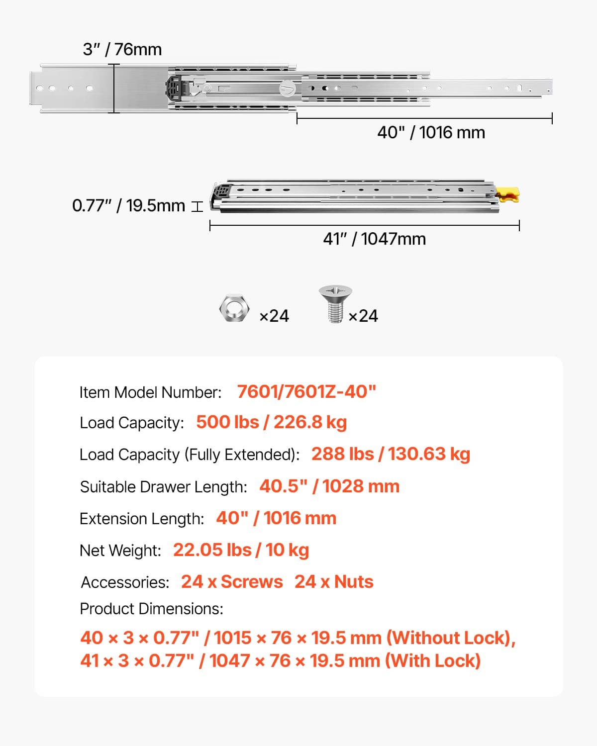 40 in drawer slide size diagram with included screws and nuts