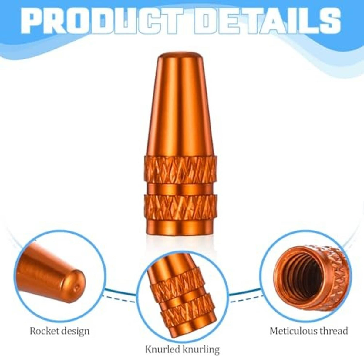 Orange aluminum Presta valve cap with knurled grip rings and threaded opening
