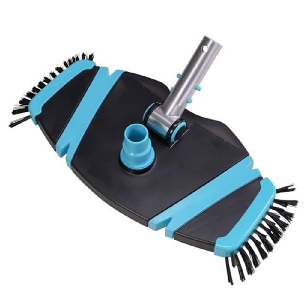 Rectangular pool vacuum head with side brushes and bottom bristles, black-and-blue body