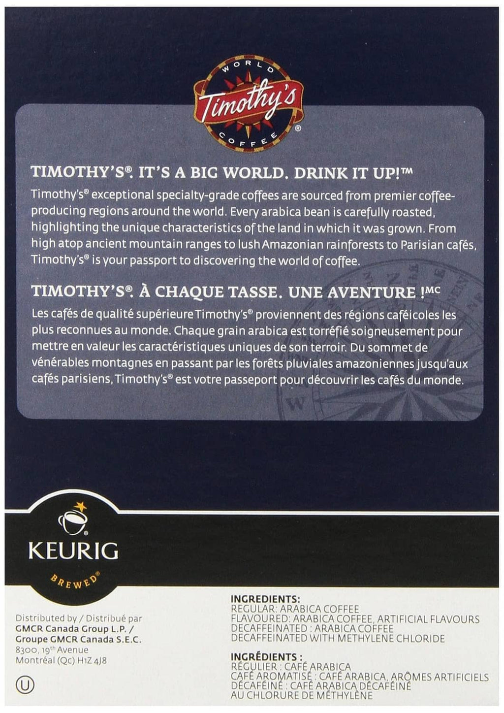 Timothy's Rainforest Espresso K-cup box back with tasting and ingredient details