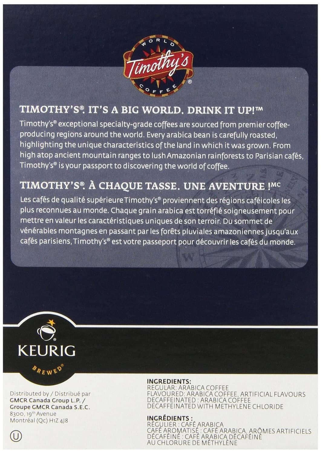 Timothy's Rainforest Espresso K-cup box back with tasting and ingredient details
