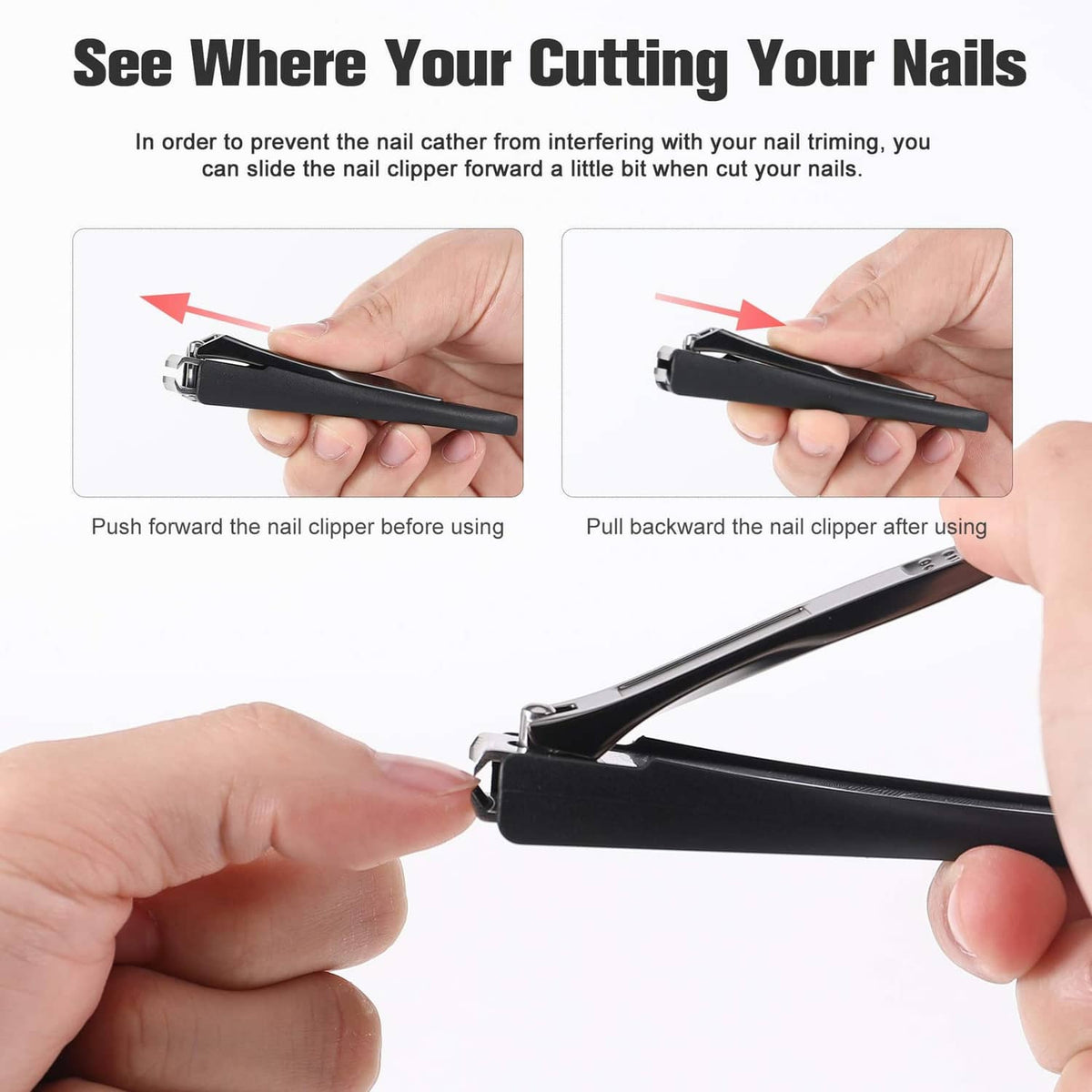 Black nail clipper set for trimming nails, with ergonomic lever handles