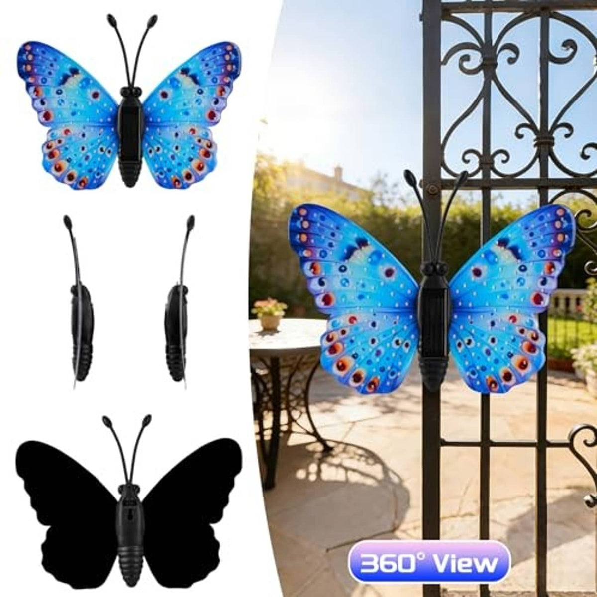 Solar LED butterfly wall decor with multicolor glowing wings and hanging bracket set