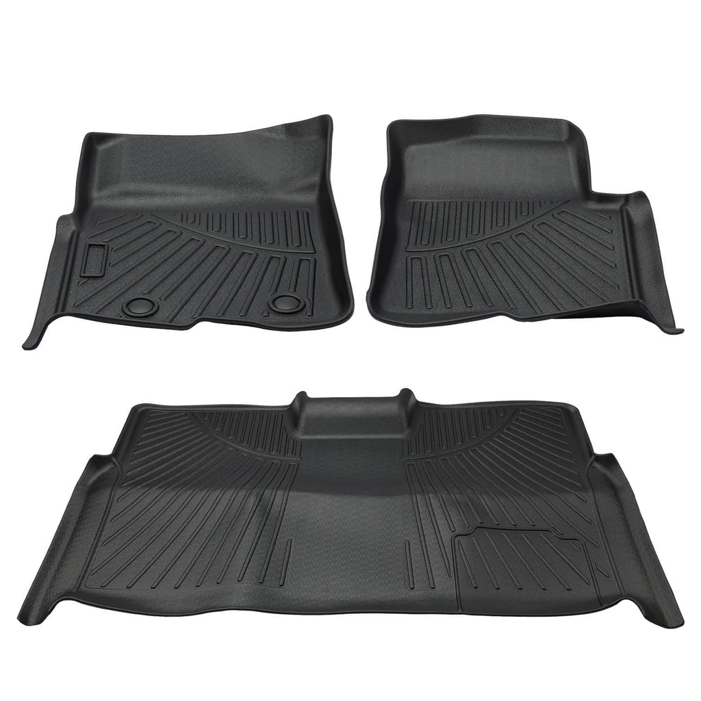Black molded floor mat set with two front floor liners and a rear cargo liner, textured surface.