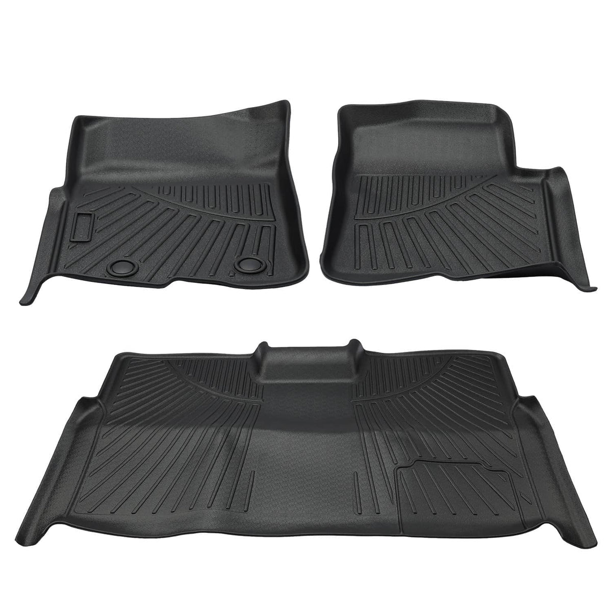 Black molded floor mat set with two front floor liners and a rear cargo liner, textured surface.