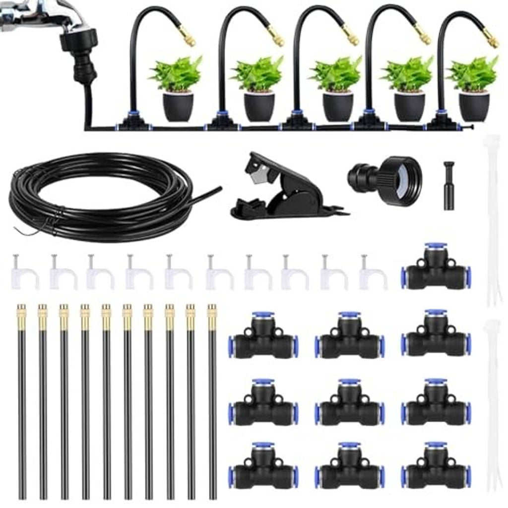 Misting system components kit with black hose line, fittings, and multiple mist nozzles