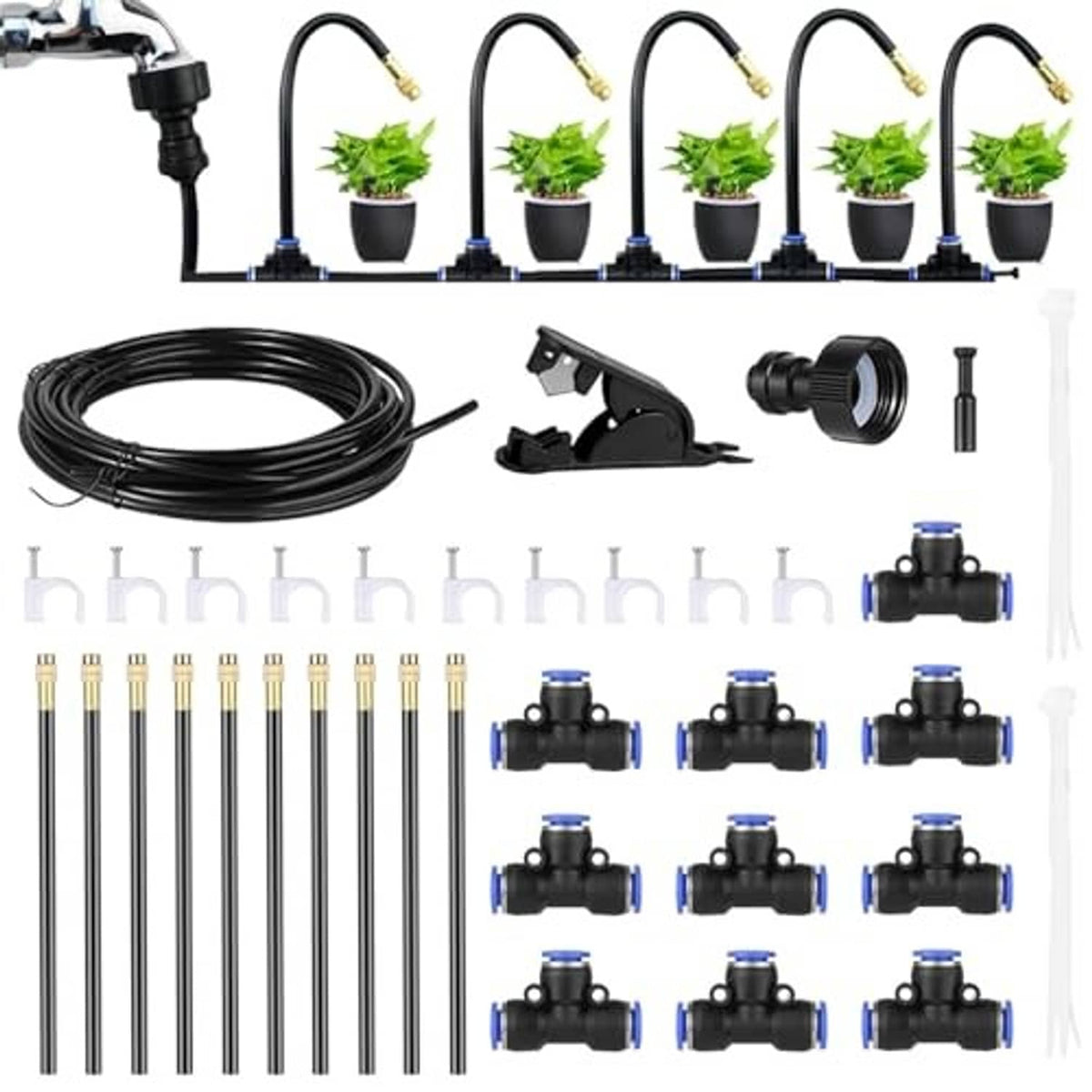 Misting system components kit with black hose line, fittings, and multiple mist nozzles